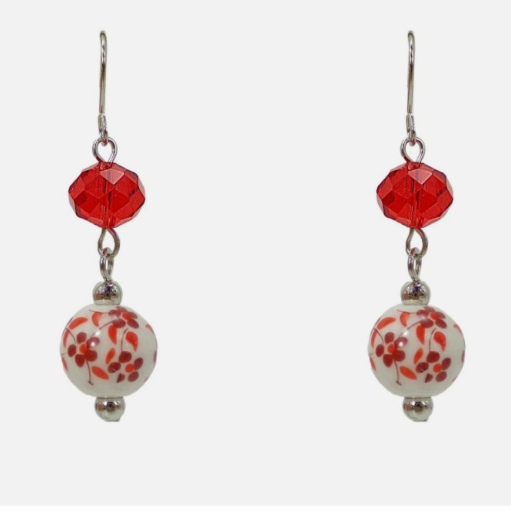 Red Flower Porcelain Bead Earrings With Red Glass Bead, Floral Beaded Jewelry